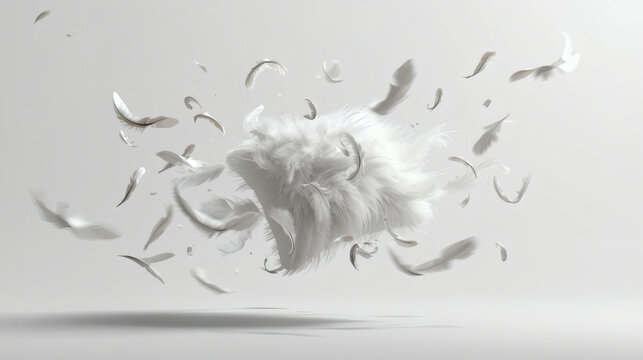 A Dynamic Explosion Of White Feathers Bursting From A Fluffy Mid Air Pillow Against A Clean Minimalist Gray Background