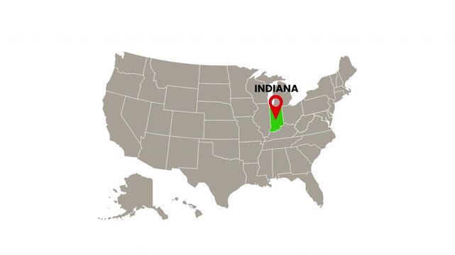 United States map with Indiana state highlighted in green and marked with a red location pin