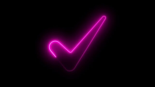 4k Neon checkmark, successfully done, approved sign, tick icon isolated on black background. 