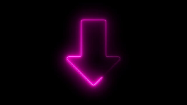 Animated neon line arrow pointing down on black background. Abstract glowing down arrow icon animation. 4k video