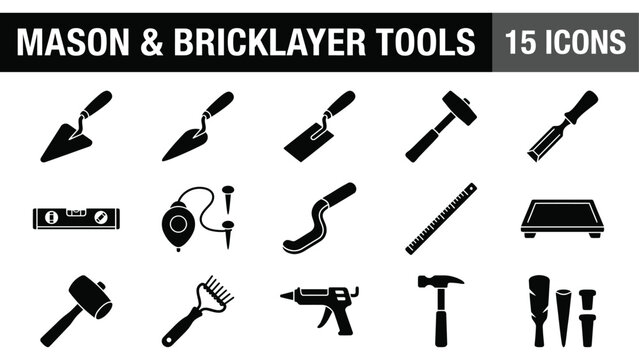 Mason tools, bricklayer tools, construction icons, 15 black vector icons