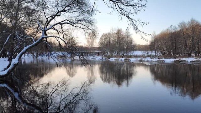Alders, pines and willows grow on the banks of the river, which are reflected in the water. There is snow everywhere. There is a road bridge behind the trees. Evening is coming Frosty and sunny winter