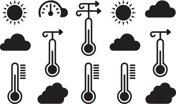 Set of black weather icons featuring thermometers sun clouds and wind indicators for meteorological forecasting and digital graphic interface design