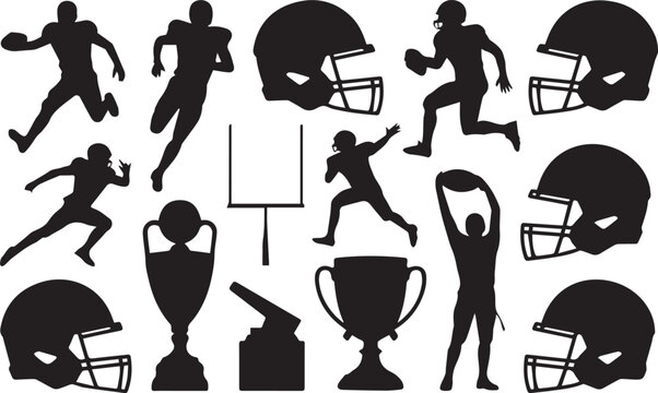 Detailed collection of american football players and equipment silhouettes rendered as a high quality scalable digital vector illustration set graphic