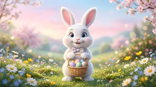 Cute Easter Bunny Holding a Basket of Colorful Eggs in a Blooming Spring Meadow