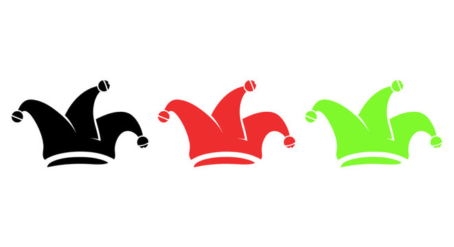 Three Jester Hats Icons: Black, Red, and Green.