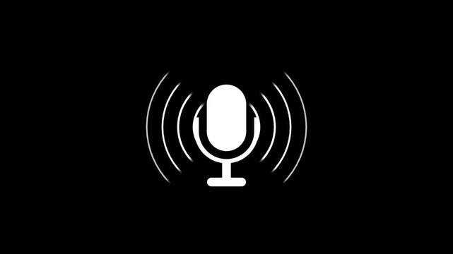 Animation of white microphone and sound wave. Audio listening Microphone symbol icon animation. White color radio wave and voice recording podcast mic microphone button icon. Audio microphone