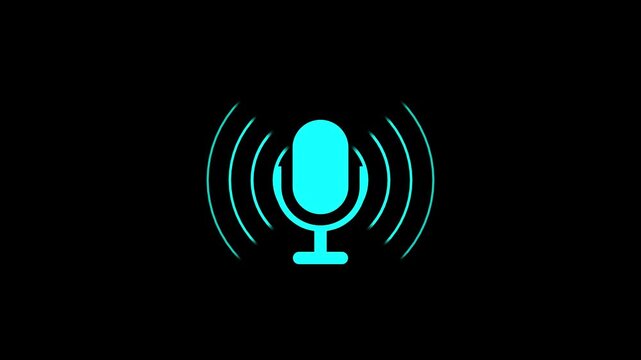 Animation of white microphone and sound wave. Audio listening Microphone symbol icon animation. White color radio wave and voice recording podcast mic microphone button icon. Audio microphone