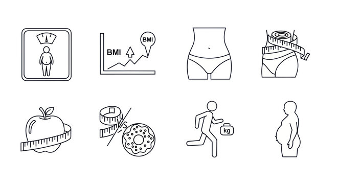 Weight Loss Icons: BMI Chart, Body Shape, Apple, Donut, Running, Scale