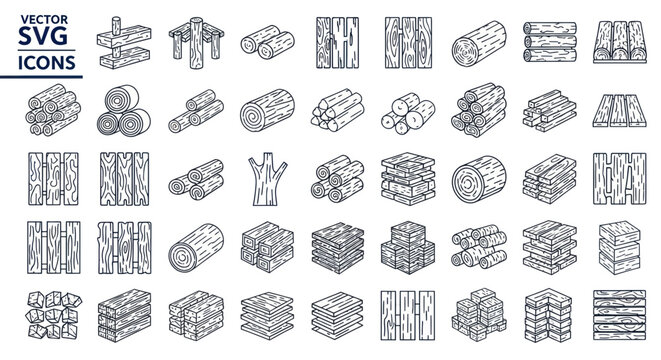 Wood Log Icons Set Vector, Timber, Lumber, Firewood, Woodpile, Stacked Timber