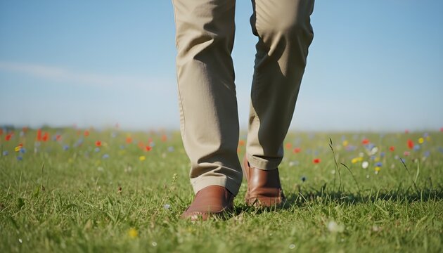 Adult feet in full pants stepping through grass and small flowers.