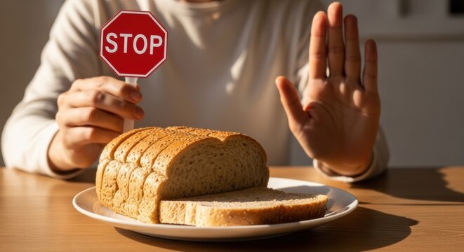 Person holding a small red stop sign over a table while making a hand gesture to refuse a fresh loaf of sliced bread