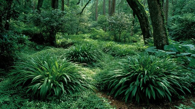 Dark Green Wild Liriope Spicata In Shady Forest, Secluded Undergrowth Widescreen Background