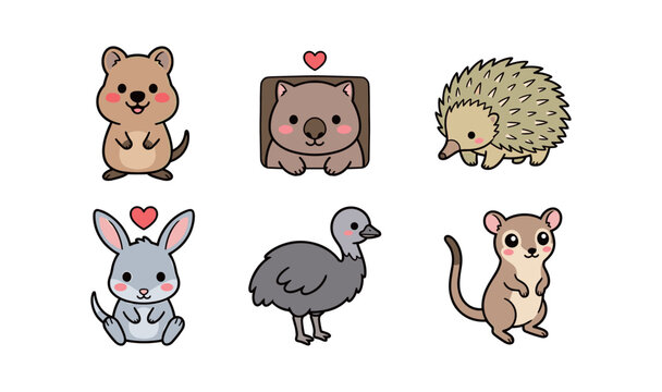 Unique australian animal wildlife sticker collection with cute quokka wombat echidna bilby emu bird and sugar glider character