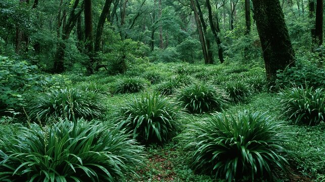 Dark Green Wild Liriope Spicata In Shady Forest, Secluded Undergrowth Widescreen Background