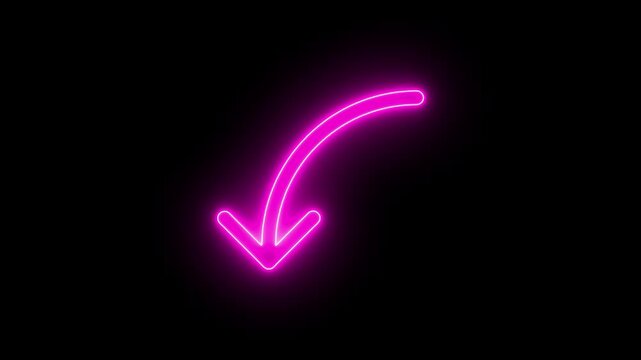 4k neon line arrow animation to indicate an object. arrow animation following wavy dotted line. target arrow icon on black background.
