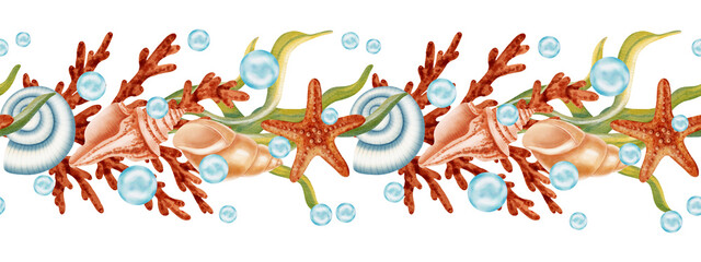Hand drawn watercolor seamless border with corals, seaweed and bubbles. Abstract marine underwater illustration. Children's, nautical, travel themes. Suitable for design, prints, postcards, sea travel © Elli