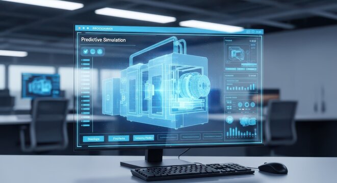 Computer monitor displaying a 3D predictive simulation of industrial machinery, showcasing advanced engineering and digital design for manufacturing.