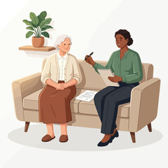 Obraz premium Two women sit on a couch discussing therapy and emotions with a plant nearby