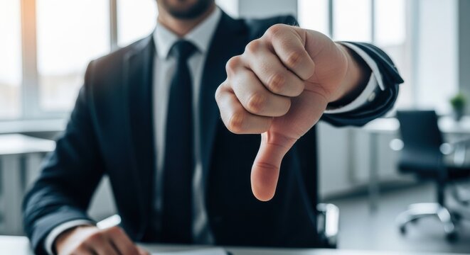 Office background with an unidentifiable male professional in dark clothing presenting a firm thumbs down sign