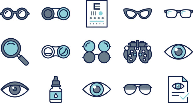 A comprehensive set of fifteen blue flat icons for eye care ophthalmology clinic featuring glasses binoculars optometry chart magnifier eye droplets