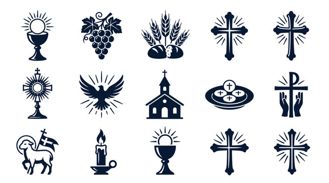 Eucharist symbols grid layout with crosses chalices bread wine church and dove
