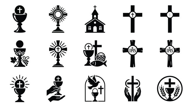 Eucharist symbols and christian icons in grid layout including crosses chalices and church imagery for religious themes