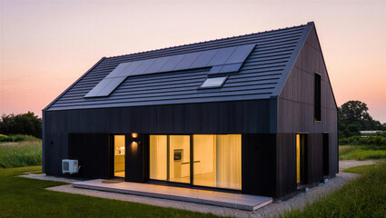 Obraz premium Contemporary sustainable home with solar roof panels and large in evening light, sustainable