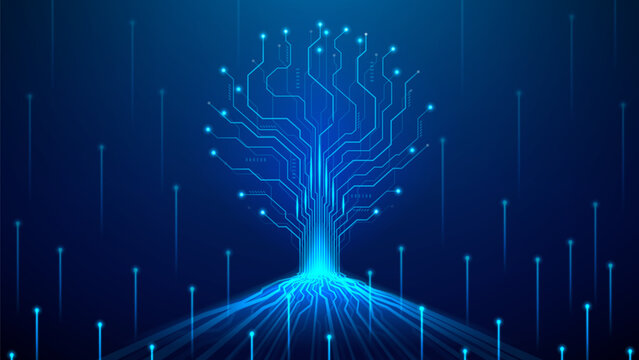 Futuristic digital tree concept. Vector banner with circuit lines forming data tree. Hi-tech glowing technology tree. Concept of big data stream visualization, artificial intelligence, tech innovation
