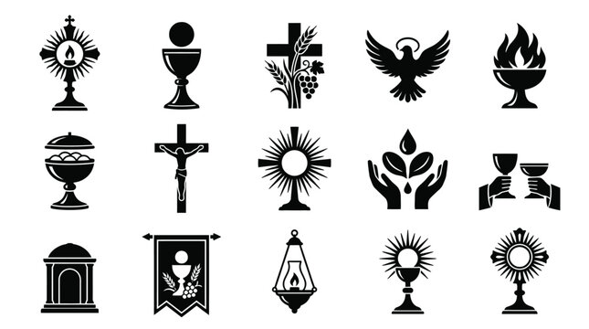 Collection of christian religious symbols and icons in silhouette style