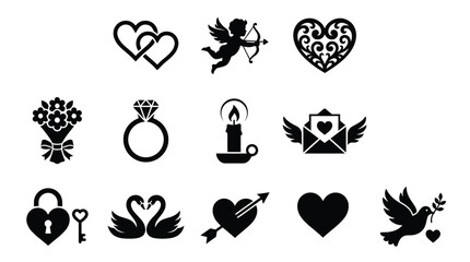 Romantic love icons set including hearts cupid flowers ring candle and swans for valentine's day and wedding designs © Shovon