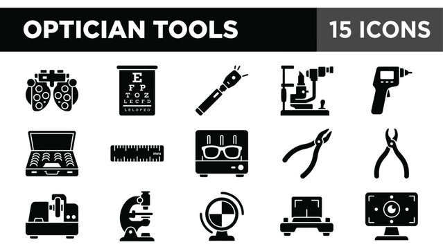 Optician tools, eyecare equipment icons, black vector set, 15 elements, ophthalmology symbols