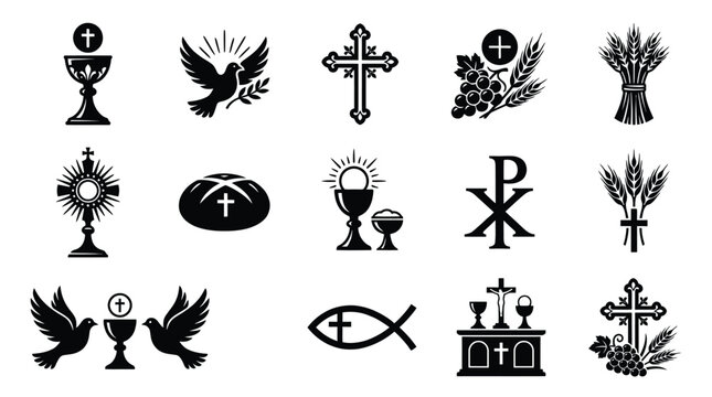 Bundle of christian religious icons in black silhouette including crosses chalices and biblical symbols for worship and communion