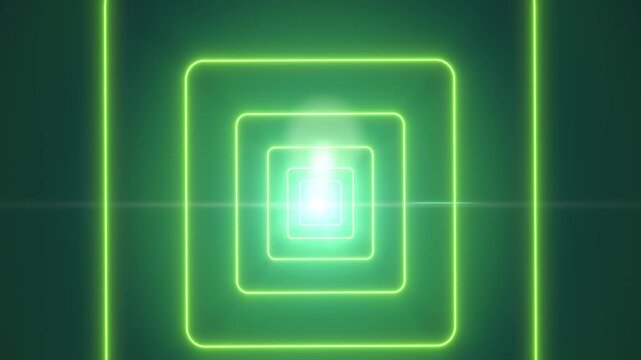 Abstract green rounded-square neon tunnel glowing into a bright center with soft futuristic light and geometric depth