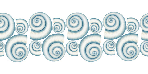 Watercolor seamless border featuring hand drawn conch seashells. Nautical repeating pattern with sea shells. Children's, nautical, travel themes. Suitable for design, prints, postcards, sea travel © Elli
