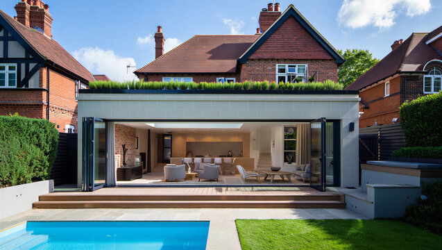 Modern home extension with open plan interior and swimming pool living room bifold doors interior