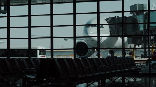 Cinematic View through Airport Terminal Grid Windows of a Large Commercial Airplane Docked at the Jet Bridge