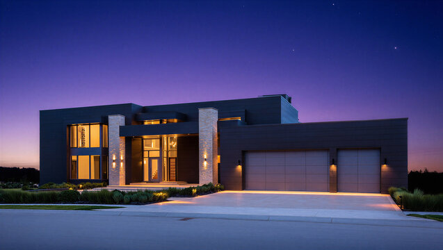 Modern luxury home exterior at twilight with illuminated garage architecture twilight exterior