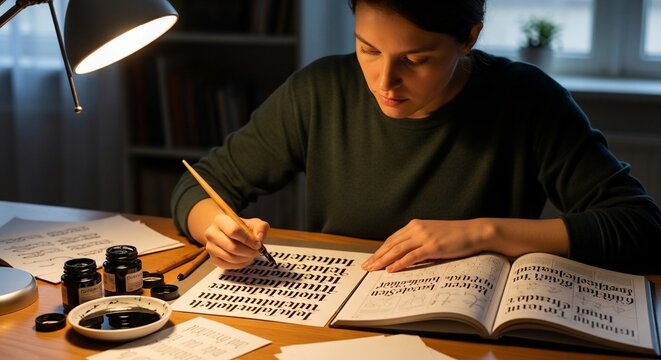 Calligrapher writing at desk illuminated