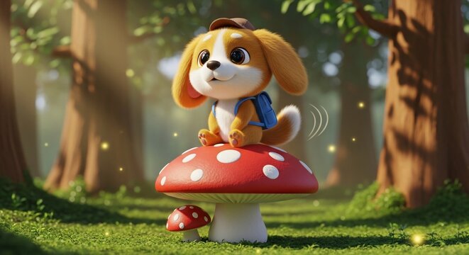 Cartoon dog on mushroom
