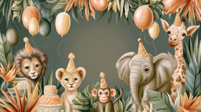 Celebrate with vibrant jungle animals and joyful balloons for a festive birthday bash