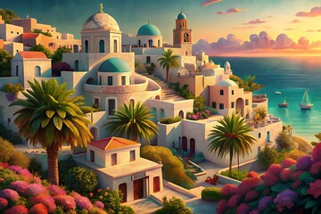 Naklejka premium Whitewashed Mediterranean village with turquoise domes and vibrant flowers overlooking the sea at sunset