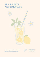 Mediterranean Lemonade Poster in Cross Stitch Style. Italian Summer Vector Artwork with Citrus Drink, Coastal Mood and Sicilian Inspired Details. © Zenina-Lembrik