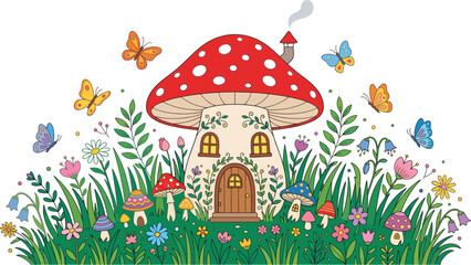 Fototapeta premium Whimsical illustration of a mushroom house surrounded by colorful flowers and butterflies