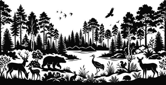 Black and white forest scene with animals and trees by a river