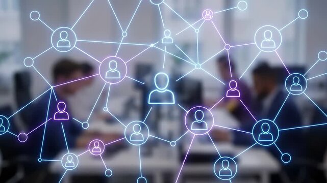 Social network connection between people in a modern office workplace. Business team collaboration and communication through digital online community. Global corporate teamwork and professional