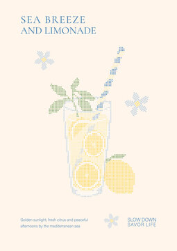 Mediterranean Lemonade Poster in Cross Stitch Style. Italian Summer Vector Artwork with Citrus Drink, Coastal Mood and Sicilian Inspired Details.