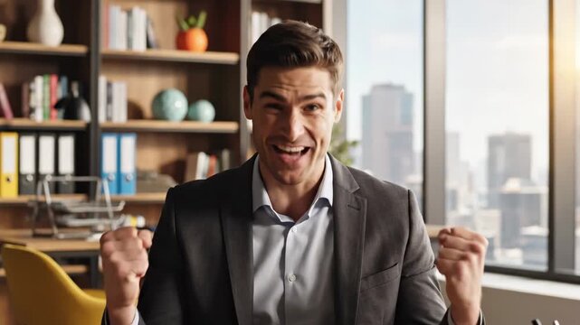 Excited businessman celebrating success with fists pumped in the air in a modern office setting.