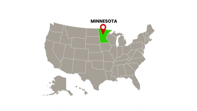 United States map with Minnesota state highlighted in green and marked with a red location pin