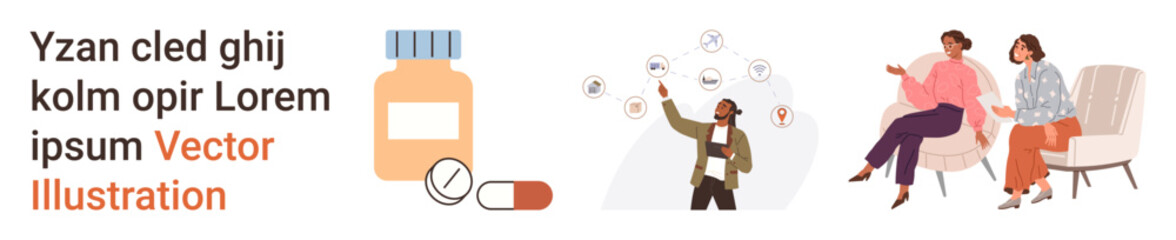 Obraz premium Healthcare, medication, therapy, communication, innovation, mental wellness. Pill bottle and capsules, connection of digital icons two individuals in therapy session. Healthcare and medication